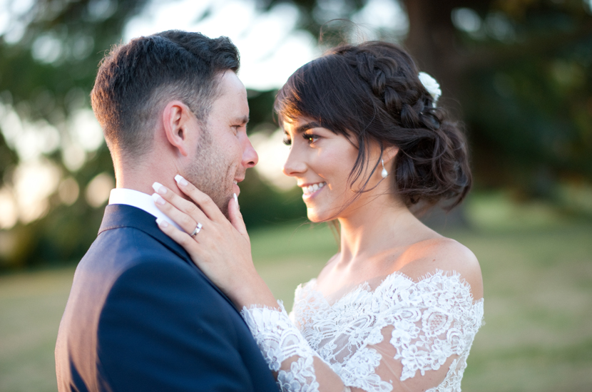 beautiful bride and groom at sunset at Stubton Hall