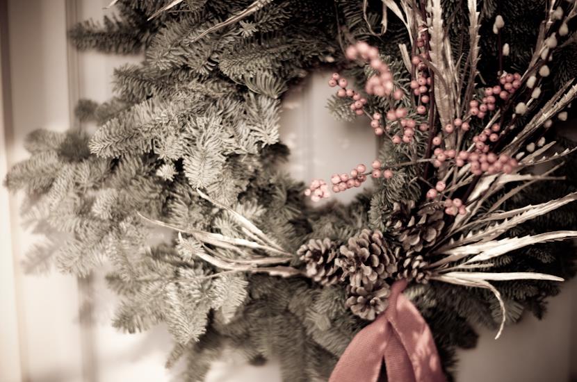 Professional colour photograph of a Christmas wreath