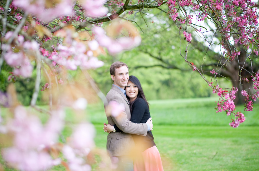 Professional colour photograph of bride and groom to be in spring